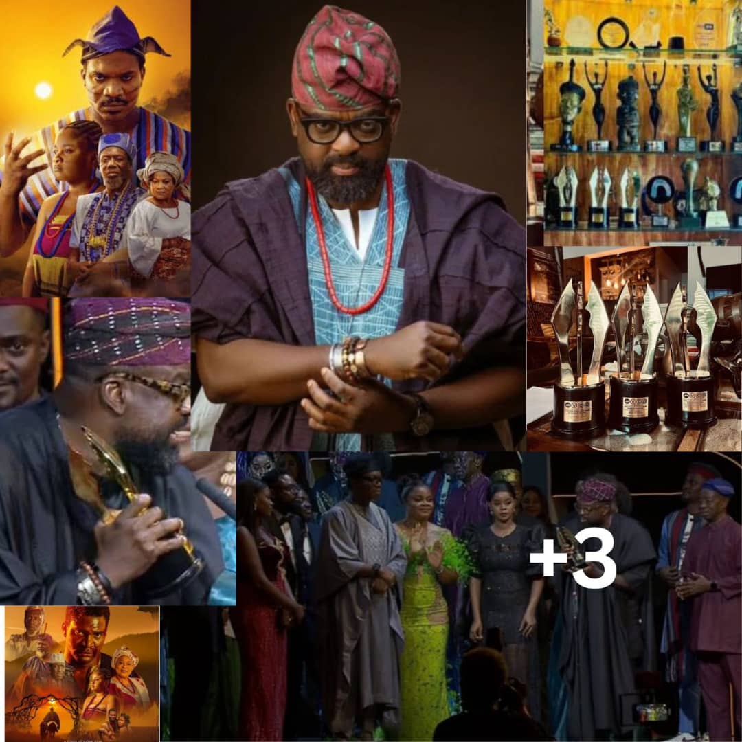 Kunle Afolayan grins with happiness after winning five AMVCA prizes.