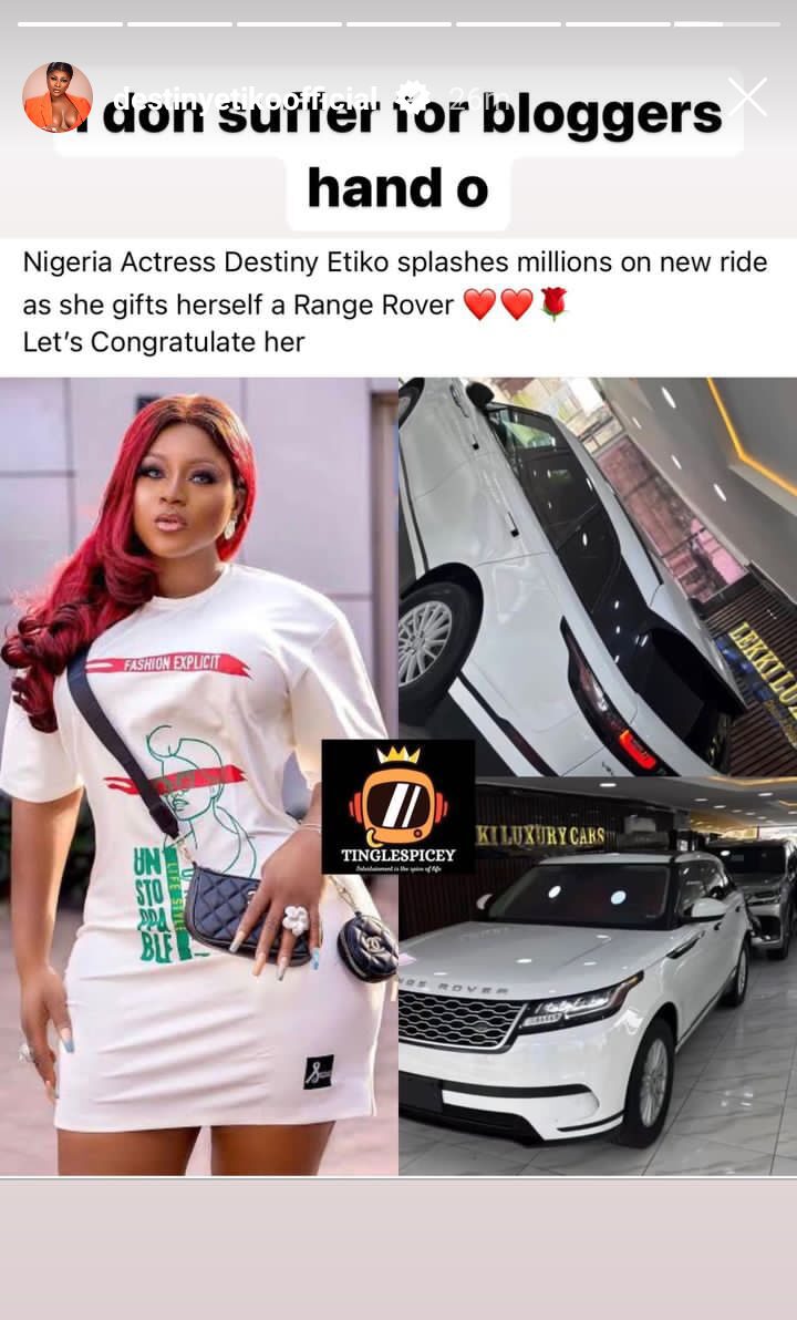 Destiny Etiko, Nollywood Star, Responds to Reports of Acquiring a New Range Rover