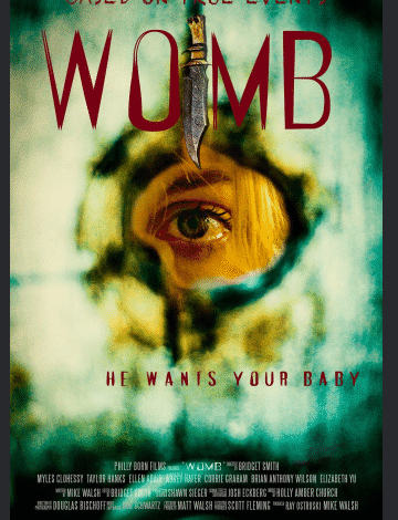 Womb (2025) movie poster – horror thriller film featuring a pregnant woman trapped in a remote cabin