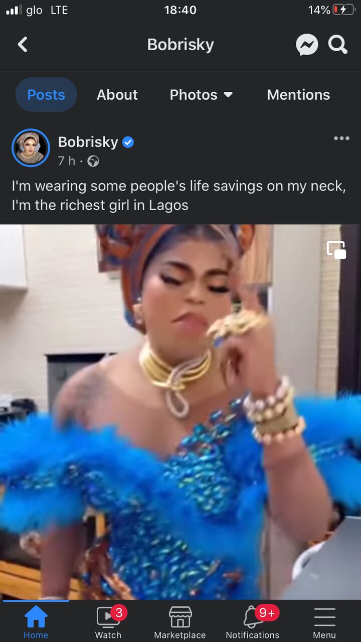 I am wearing some people's life savings on my neck- Bobrisky says.