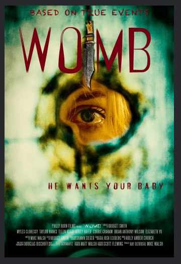 Womb (2025) movie poster – horror thriller film featuring a pregnant woman trapped in a remote cabin